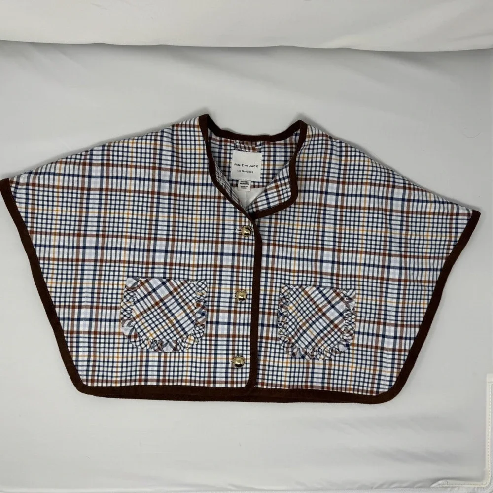 Janie and‎ Jack Tan Plaid Lined Cape Toddler Girls 18-24M Ruffle Trim Pockets